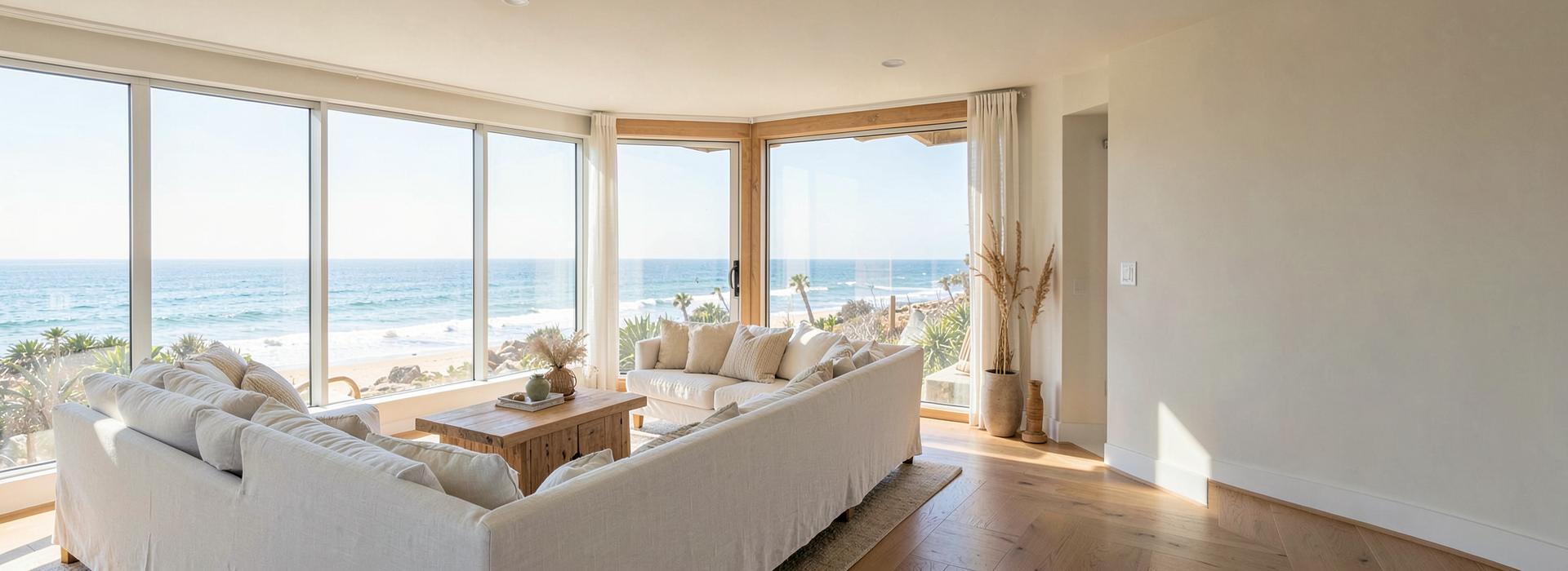 Light-filled coastal interior with sheer curtains and an ocean view